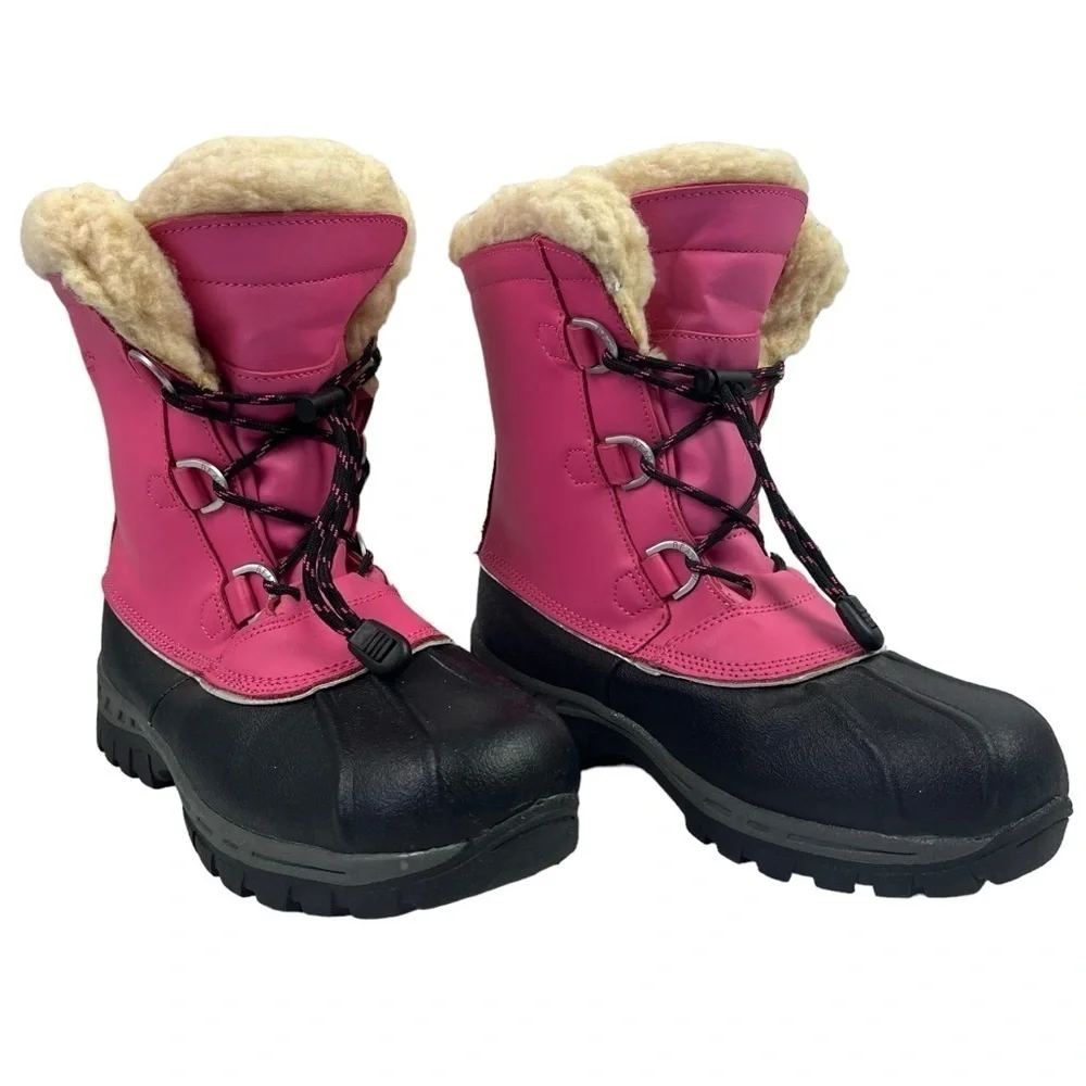 Bearpaw Youth Girls Waterproof Snow Boots Pink Black Sherpa Lined Size 5